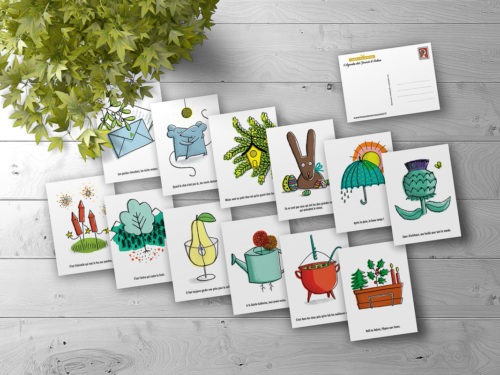 les 12 cartes postales avec les illustration de chaque mois de l'année + verso